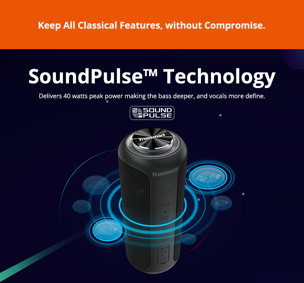 Refurbished Tronsmart T6 Plus Upgraded Edition Bluetooth 5.0 Portable Speaker with Up to 40W Power, 360&deg; Sound, IPX6, NFC - Black