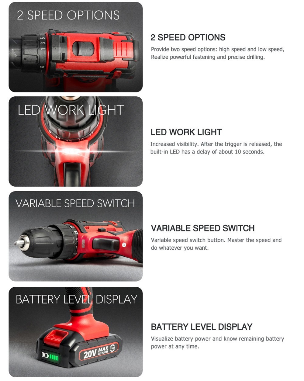 VVOSAI WS-3020-A1 20V Cordless Drill