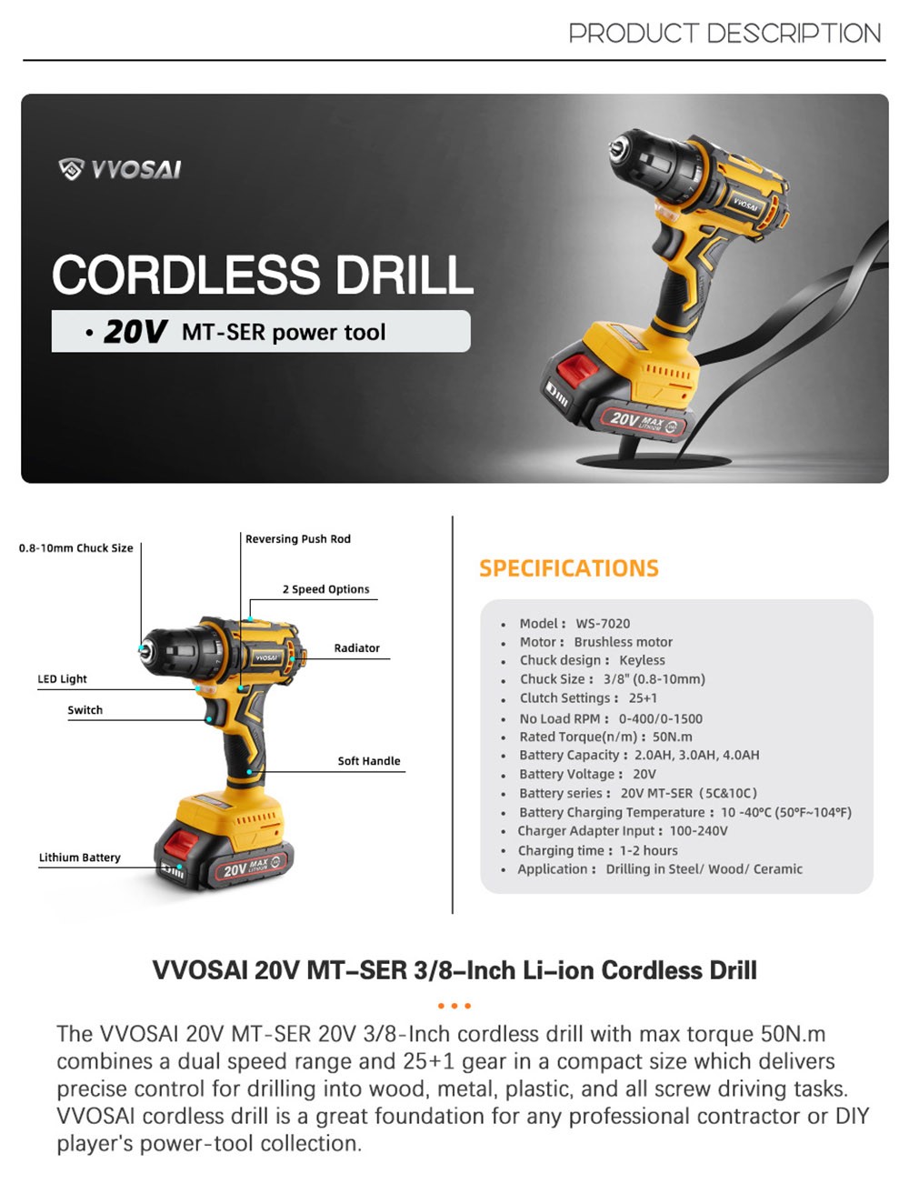 VVOSAI WS-7020-A2P 20V Cordless Drill Electric Screwdriver, 3/8 inch Chuck Size, 2 Speed, 50N.m Torque, 3.0Ah Battery Capacity, LED Light, with 28pcs Drill Bits Kit
