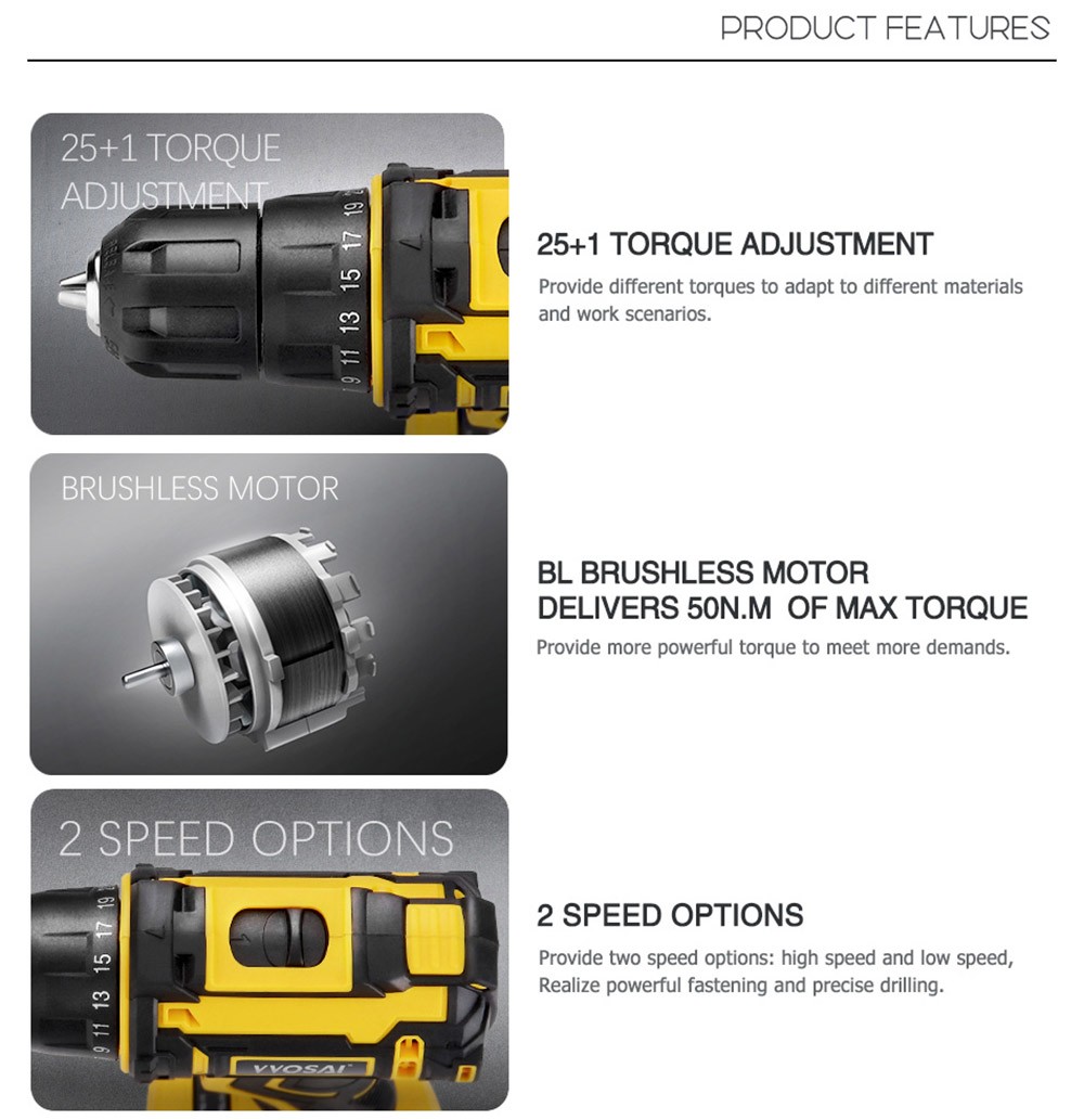 VVOSAI WS-7020-A2P 20V Cordless Drill Electric Screwdriver, 3/8 inch Chuck Size, 2 Speed, 50N.m Torque, 3.0Ah Battery Capacity, LED Light, with 28pcs Drill Bits Kit