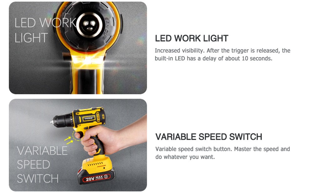 VVOSAI WS-7020-C1 20V Cordless Drill Electric Screwdriver, 3/8 inch Chuck Size, 2 Speed, 50N.m Torque, 2.0Ah Battery Capacity, LED Light