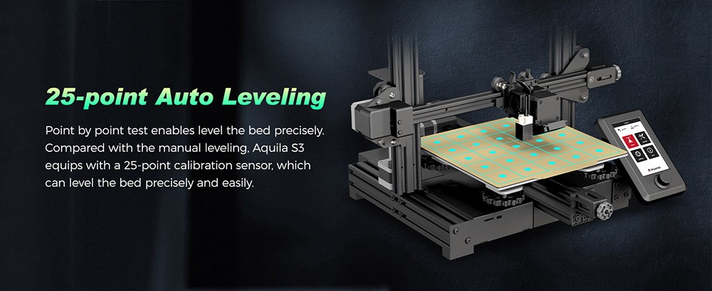 3D tlačiareň Voxelab Aquila S3, automatické vyrovnávanie, dvojprevodový priamy extrudér, max. rýchlosť tlače 200 mm/s, obnovenie tlače, tlačová doska PEI, tlač do 300 °C, 4.3-palcová obrazovka s gombíkom, 220*220*240mm