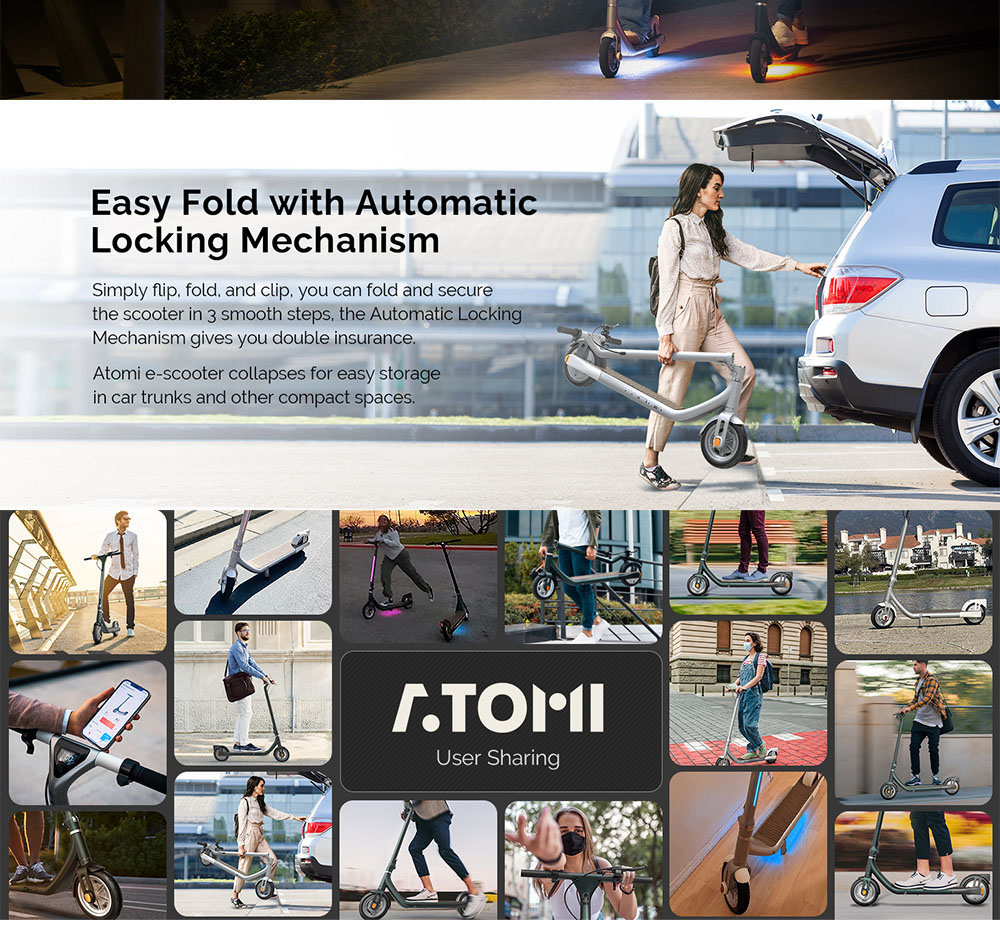 Atomi Alpha Folding Electric Scooter 9 Inch Tires 650W Motor 18.5 Mph Max Speed 36V 10Ah Battery for 25 Miles Max Range 265lbs Max Load Support App Control Built-in Combination Lock - Zinc White