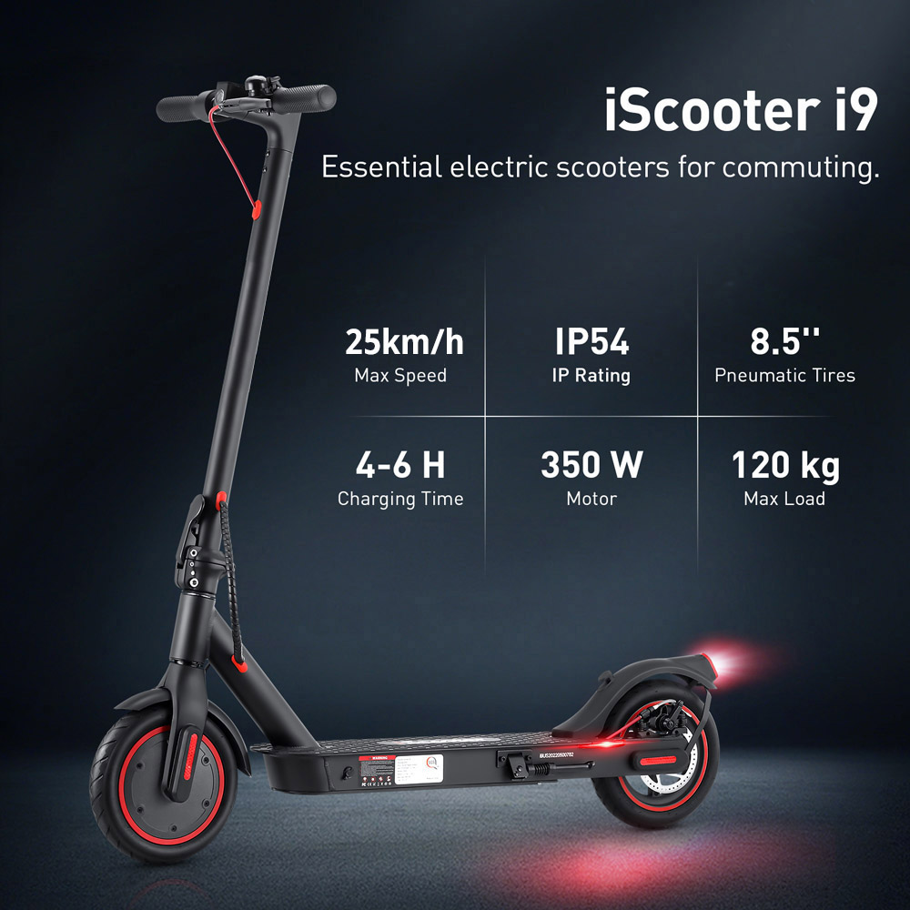 iScooter i9 Skladacia elektrická kolobežka 8,5-palcová pneumatická pneumatika 350W motor 7.5Ah batéria Maximálna rýchlosť 25 km/h čierna