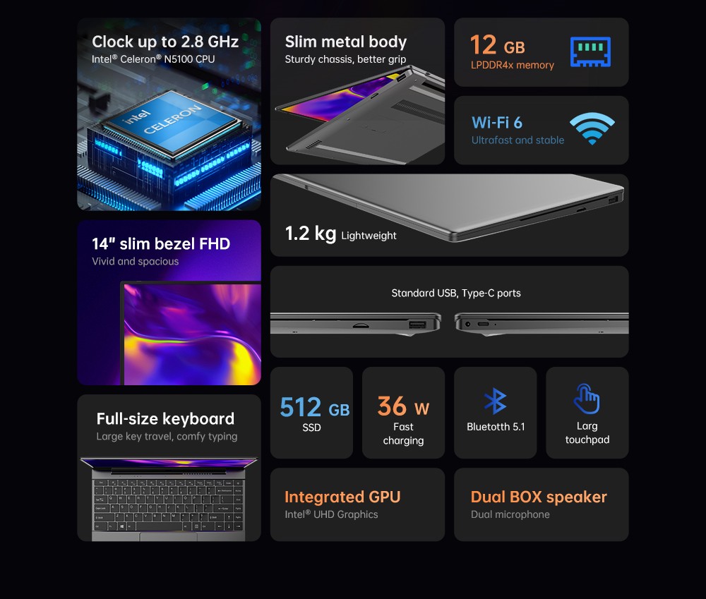 ALLDOCUBE GT BOOK LAPTOP 14.1 inch FHD intel Celeron N5100 12GB DDR4 RAM 512GB SSD WiFi6 Bluetooth 5.1 - EU Plug