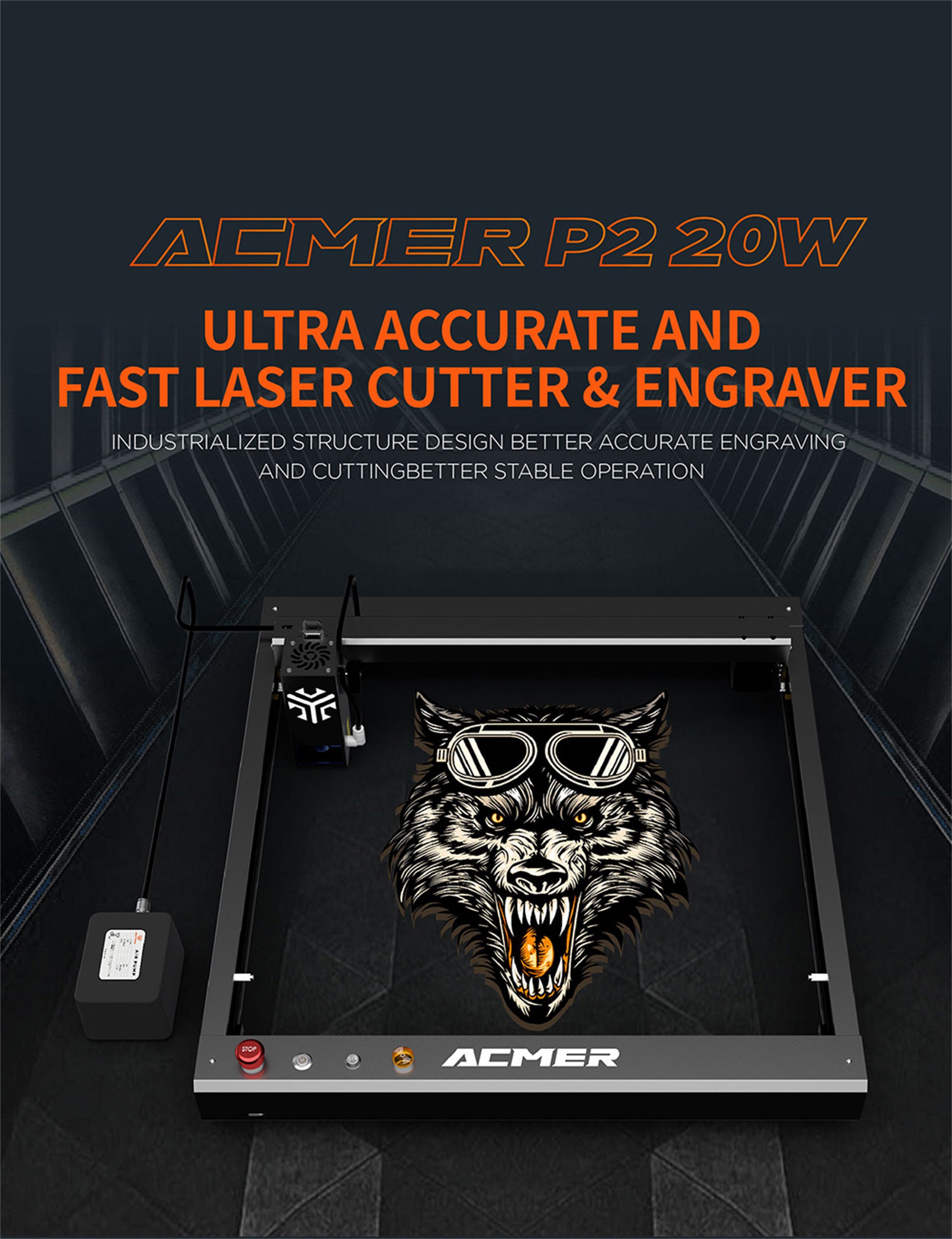 ACMER P2 20W laserová gravírovacia fréza, pevné zaostrenie, gravírovanie rýchlosťou 30000 mm/min, veľmi tichý automatický vzduchový asistent, 0.01mm presnosť gravírovania, ovládanie aplikácie pre iOS a Android, 420*400mm