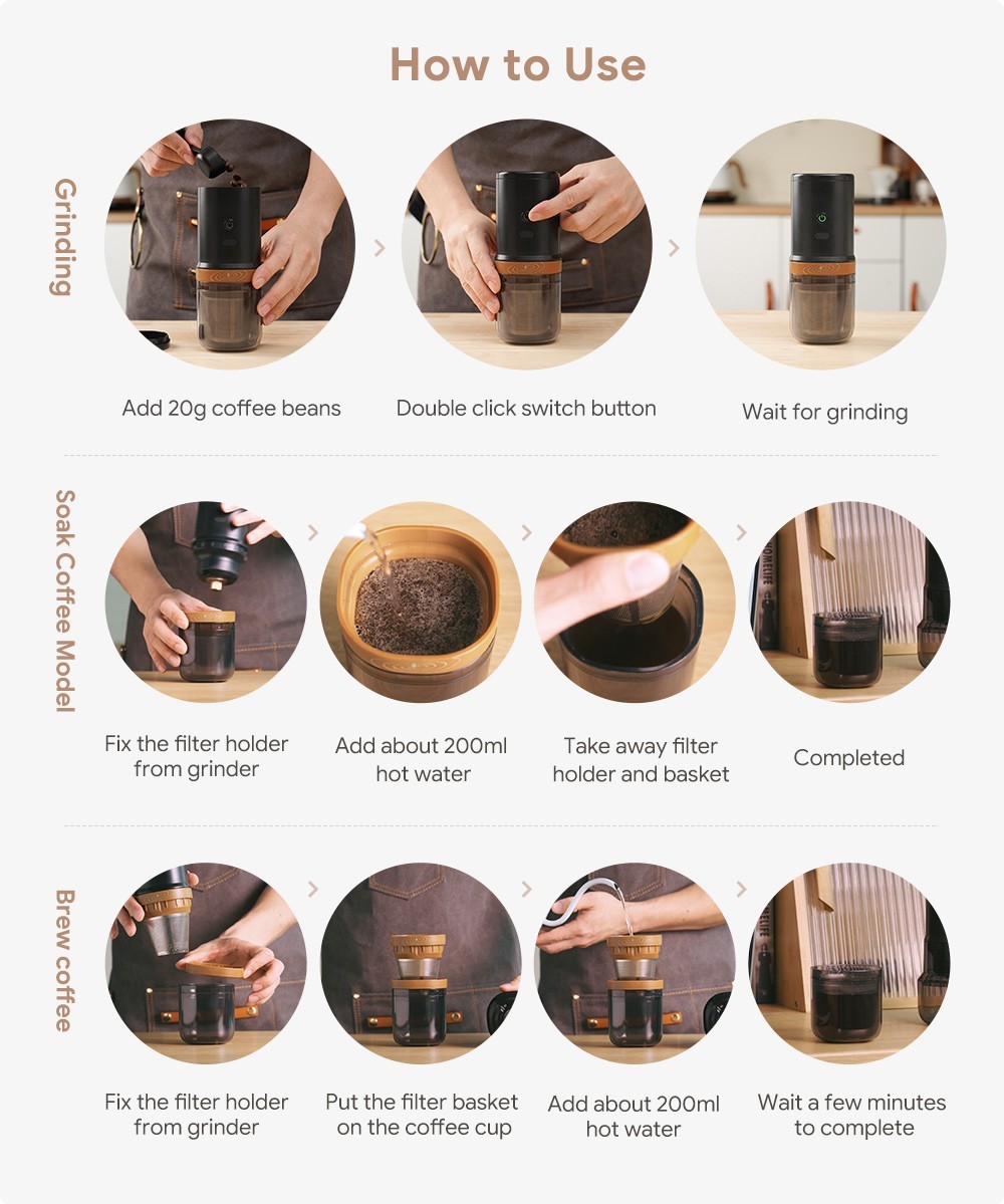 i Cafilas FK13 3 in 1 Grinder Coffee Maker, 20g Bean Container, Pour Over Dripper, Adjustable Grinding Degree, 3300mAh Battery, Removable Structure, for Travel, Camping