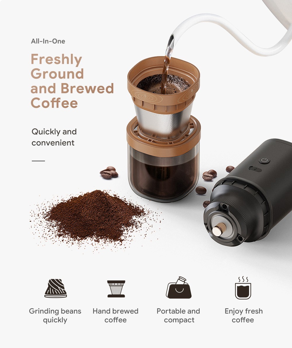 i Cafilas FK13 3 in 1 Grinder Coffee Maker, 20g Bean Container, Pour Over Dripper, Adjustable Grinding Degree, 3300mAh Battery, Removable Structure, for Travel, Camping