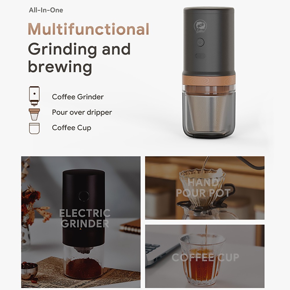 i Cafilas FK13 3 in 1 Grinder Coffee Maker, 20g Bean Container, Pour Over Dripper, Adjustable Grinding Degree, 3300mAh Battery, Removable Structure, for Travel, Camping