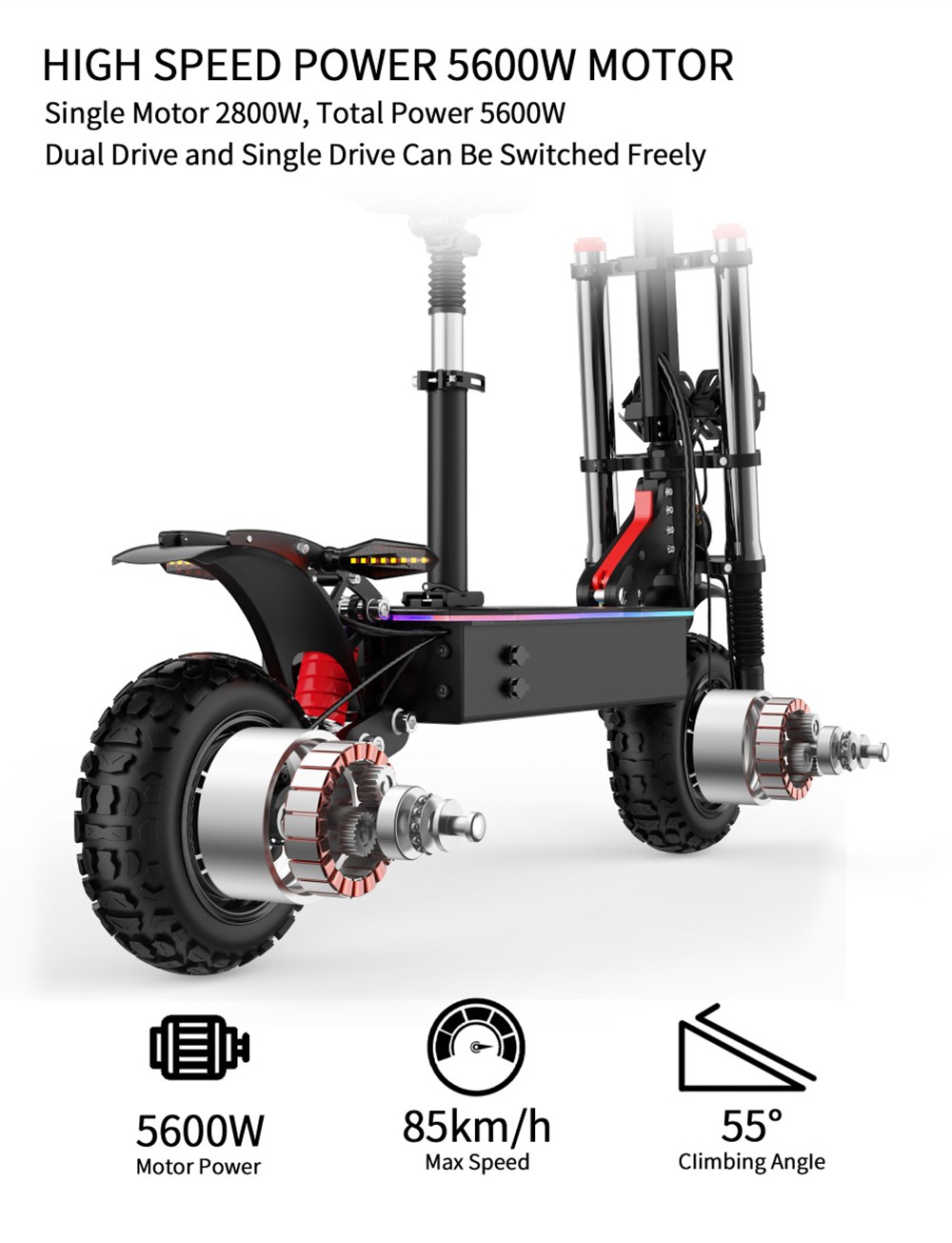 DUOTTS D88 Electric Scooter 11 Inch Off-Road Tires 2800W*2 Dual Motor 85Km/h Max Speed 60V 38Ah Battery for 100KM Range 150KG Load Double Absorbers with Seat