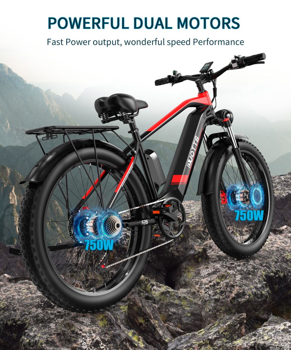 DUOTTS F26 Elektrický horský bicykel 750W*2 Dvojitý motor 48V 17,5Ah LG batéria 26*4.0 Inch Fat Tires 55Km/h Max Speed 55 Degree Climbing Smart Color Display Dual Disc Brakes Front Shock Absorption 150KG Max Load 100KM Range - Black