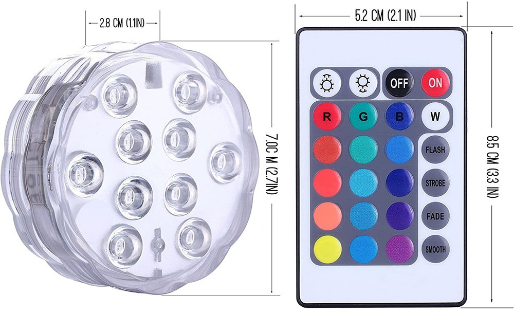 4pcs RGB Submersible LED Lights with Remote Control, 10 LEDs, 16 Colors, 4 Modes, Battery Powered, IP68 Waterproof, for Pond, Pool, Bathroom