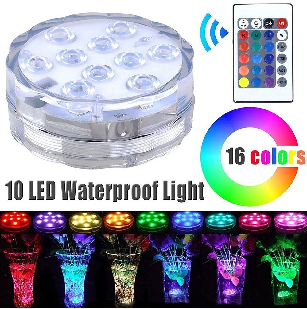 4pcs RGB Submersible LED Lights with Remote Control, 10 LEDs, 16 Colors, 4 Modes, Battery Powered, IP68 Waterproof, for Pond, Pool, Bathroom