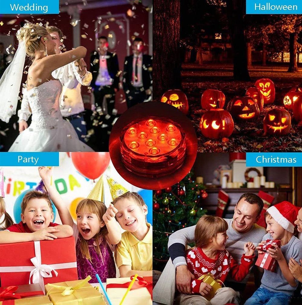 4pcs RGB Submersible LED Lights with Remote Control, 10 LEDs, 16 Colors, 4 Modes, Battery Powered, IP68 Waterproof, for Pond, Pool, Bathroom