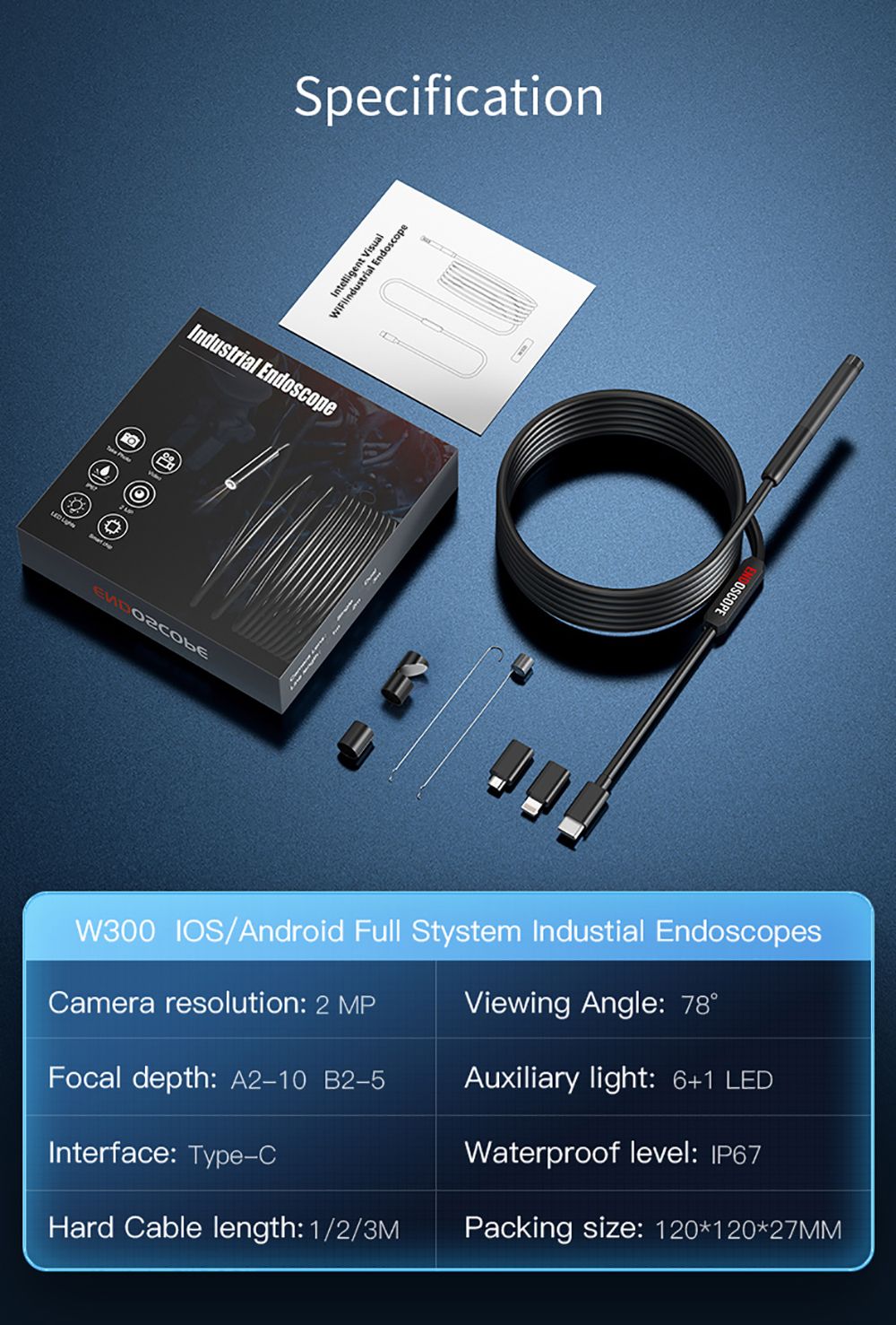 ANESOK W300 WiFi Type-C Portable Endoscope, 2 Megapixels, 1080P Resolution, 6 LEDs, IP67 Waterproof, 1m Cable