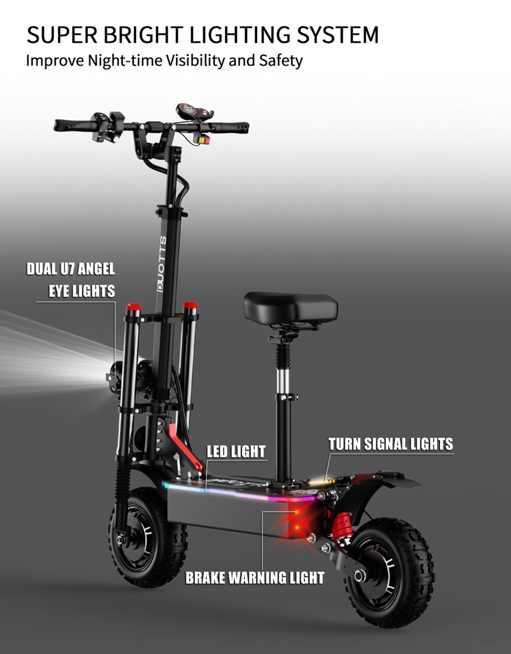 DUOTTS D88 Electric Scooter 11 Inch Off-Road Tires 2800W*2 Dual Motor 85Km/h Max Speed 60V 38Ah Battery for 100KM Range 150KG Load Double Absorbers with Seat