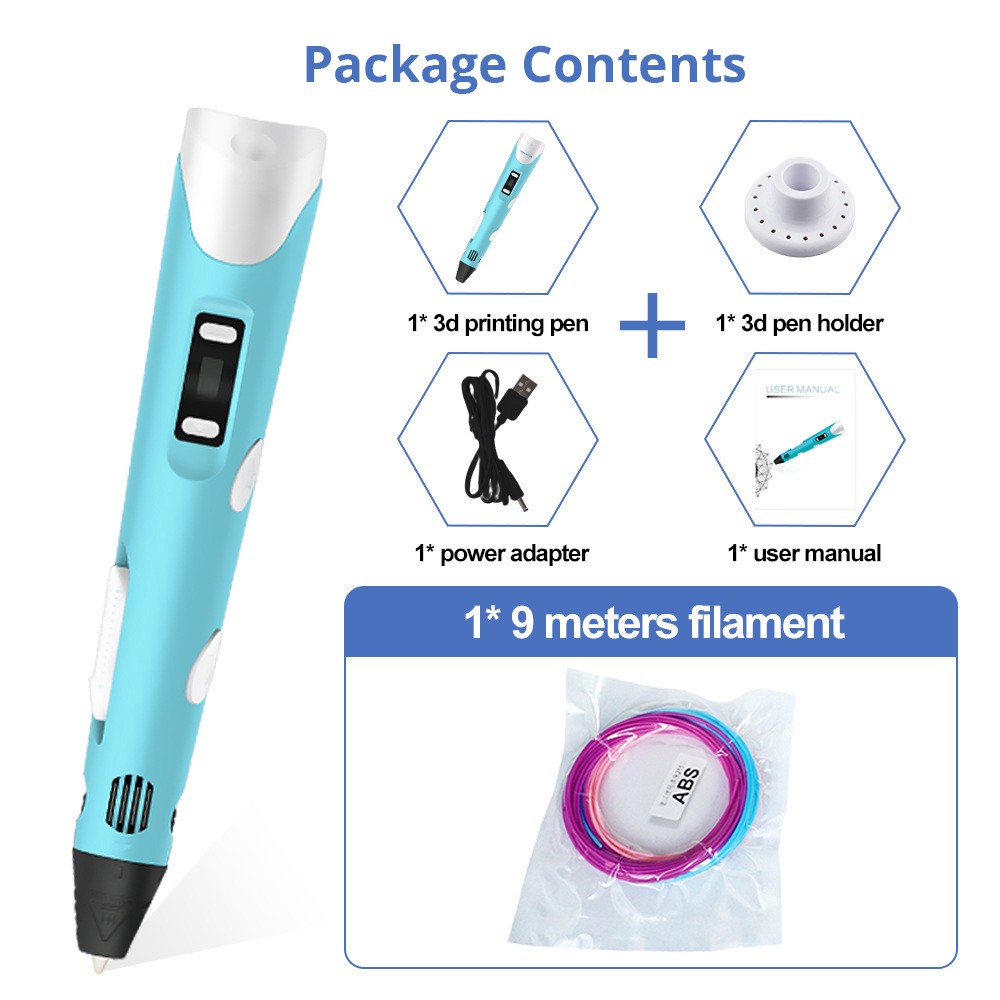 ABS/PLA 3D Printing Pen, 0.7mm Nozzle, Adjustable Printing Speed, LCD Screen - Blue