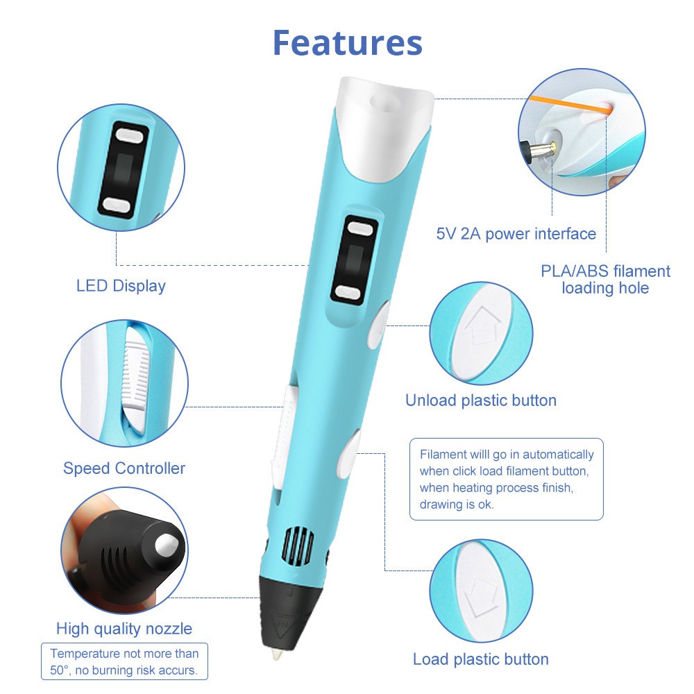 ABS/PLA 3D Printing Pen, 0.7mm Nozzle, Adjustable Printing Speed, LCD Screen - Blue
