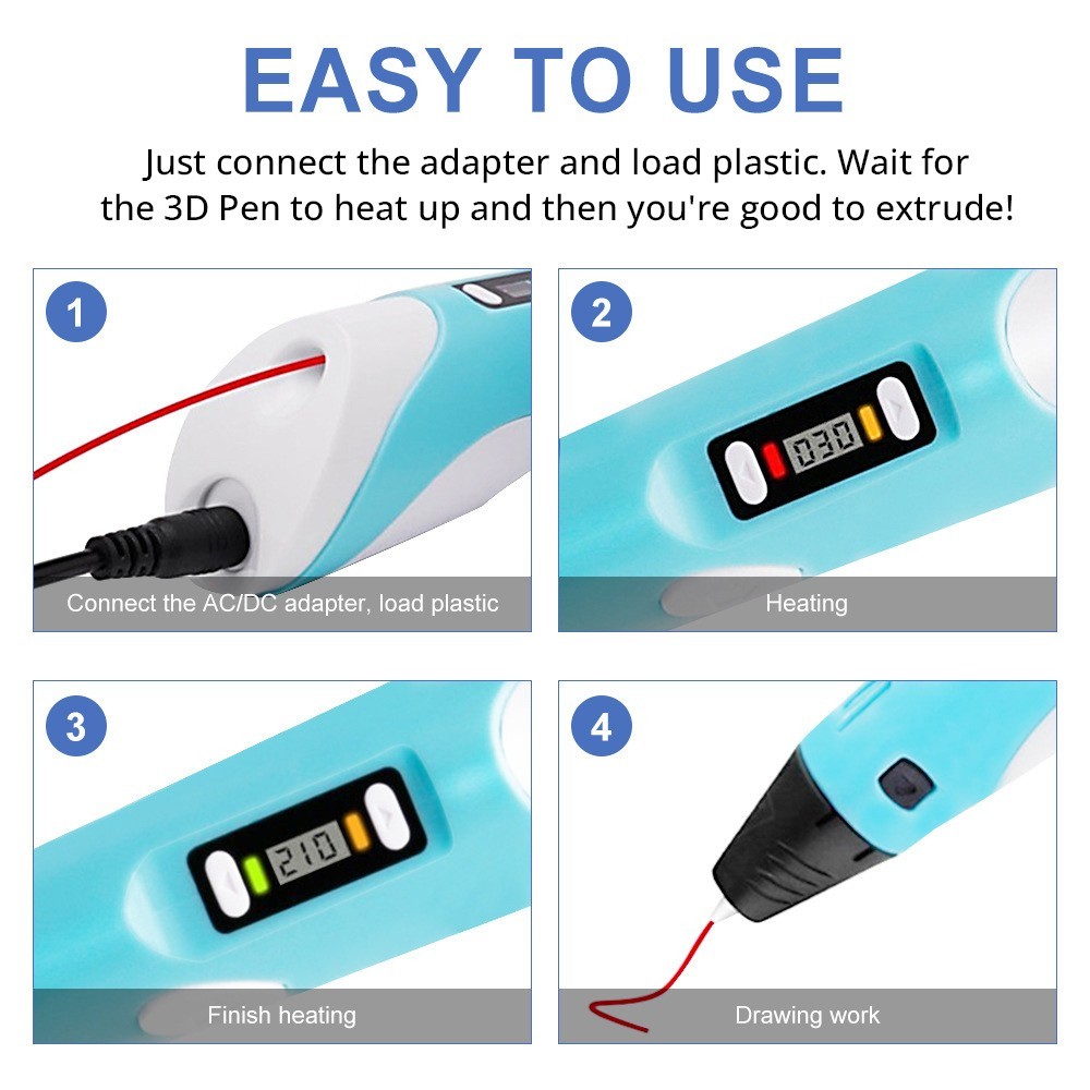 ABS/PLA 3D Printing Pen, 0.7mm Nozzle, Adjustable Printing Speed, LCD Screen - Blue