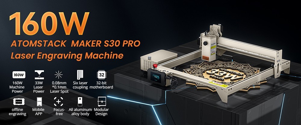 ATOMSTACK Maker S30 Pro laserová gravírovačka, výkon lasera 33 W, vzduchový asistent, 0.01mm presnosť gravírovania, offline gravírovanie, 32-bitová základná doska, 400x400mm