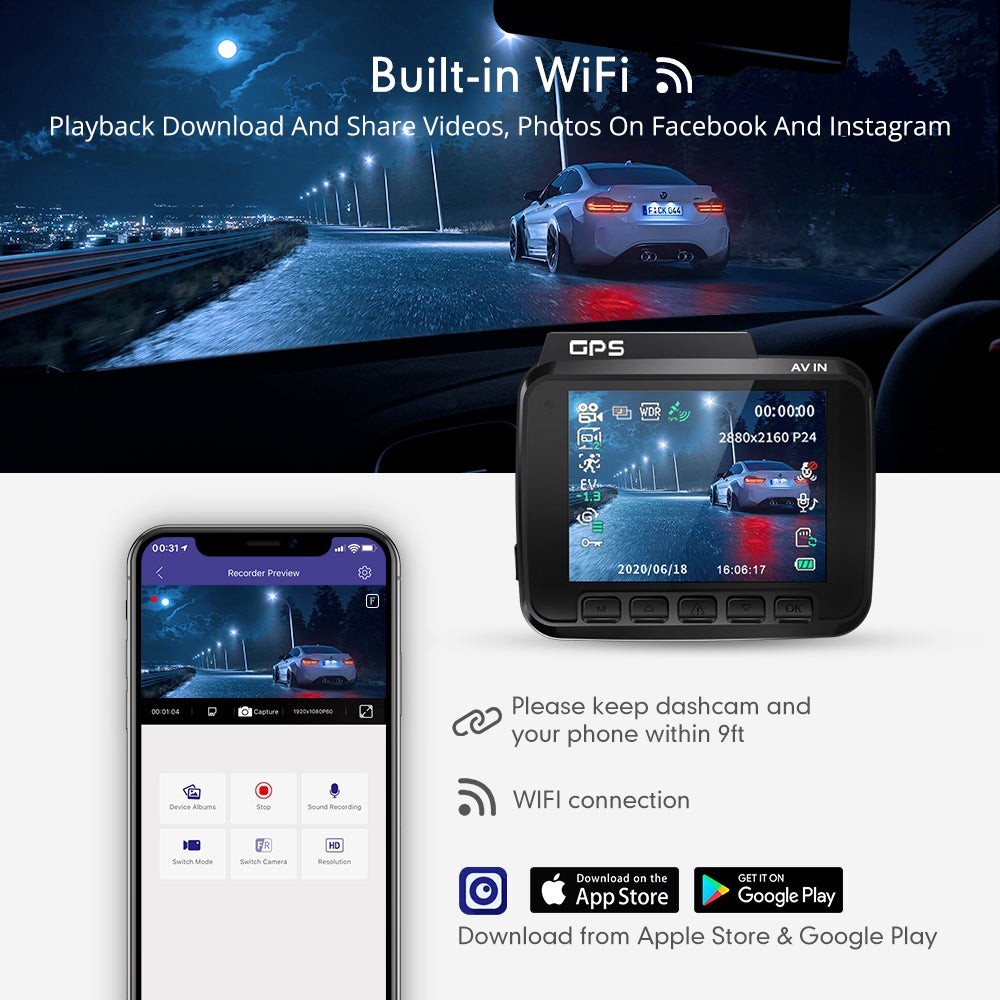 AZDOME GS63H 4K Dash Cam Built-in Wi-Fi & GPS 24HR Recording - 32G TF Card