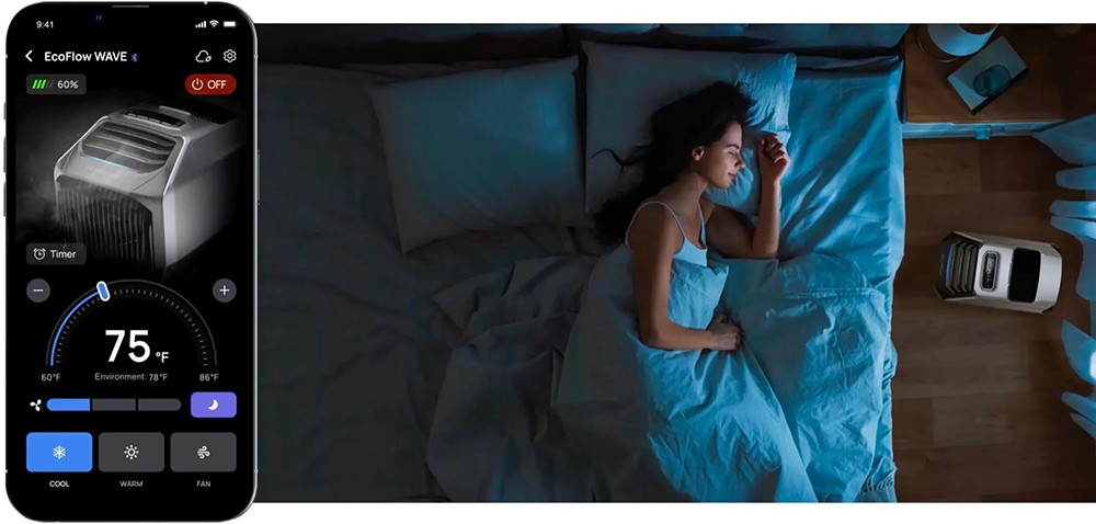 EcoFlow WAVE 2 Portable Air Conditioner, 5100BTU Cooling, 6100BTU Heating, Low Noise, R290 Eco-friendliness Refrigerant, 4 Recharging Ways, App Control