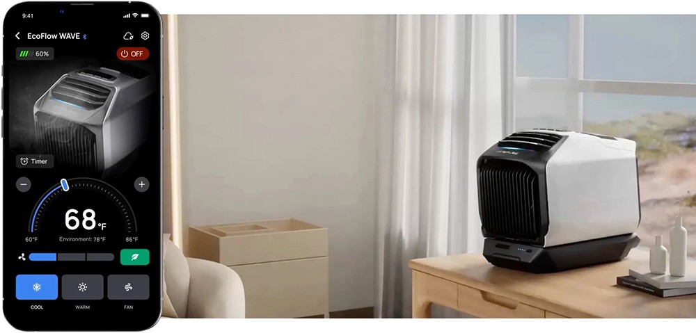 EcoFlow WAVE 2 Portable Air Conditioner, 5100BTU Cooling, 6100BTU Heating, Low Noise, R290 Eco-friendliness Refrigerant, 4 Recharging Ways, App Control