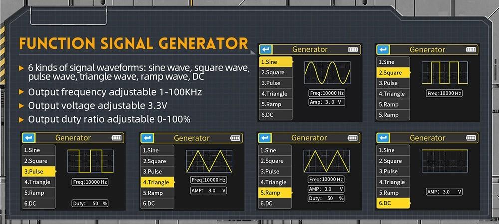 FNIRSI DSO-TC3 3 in 1 Digital Oscilloscope, DDS Signal Generator, Transistor Tester, 1 Channel, 500Khz Bandwidth, 10MSa/s Sampling Rate, 6 Types of Waveforms
