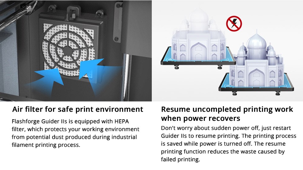 Flashforge Guider 2S 3D Printer, Auto-Leveling, 0.2mm Print Precision, Built-in Camera, 300 Celsius Heating Nozzle, Air Filter, Resume Printing, Filament Run-out Detection, WiFi Connection, 280*250*300mm, for Industrial Use