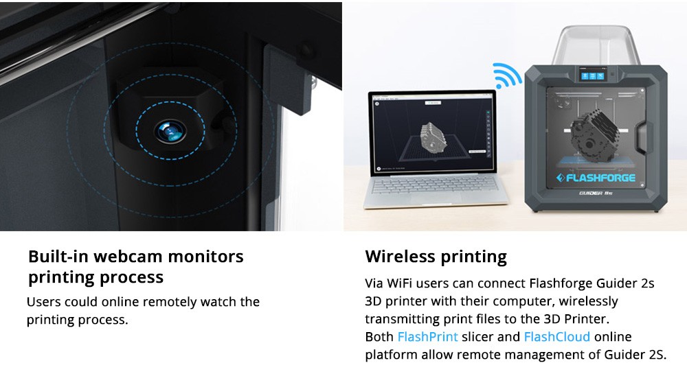 Flashforge Guider 2S 3D Printer, Auto-Leveling, 0.2mm Print Precision, Built-in Camera, 300 Celsius Heating Nozzle, Air Filter, Resume Printing, Filament Run-out Detection, WiFi Connection, 280*250*300mm, for Industrial Use