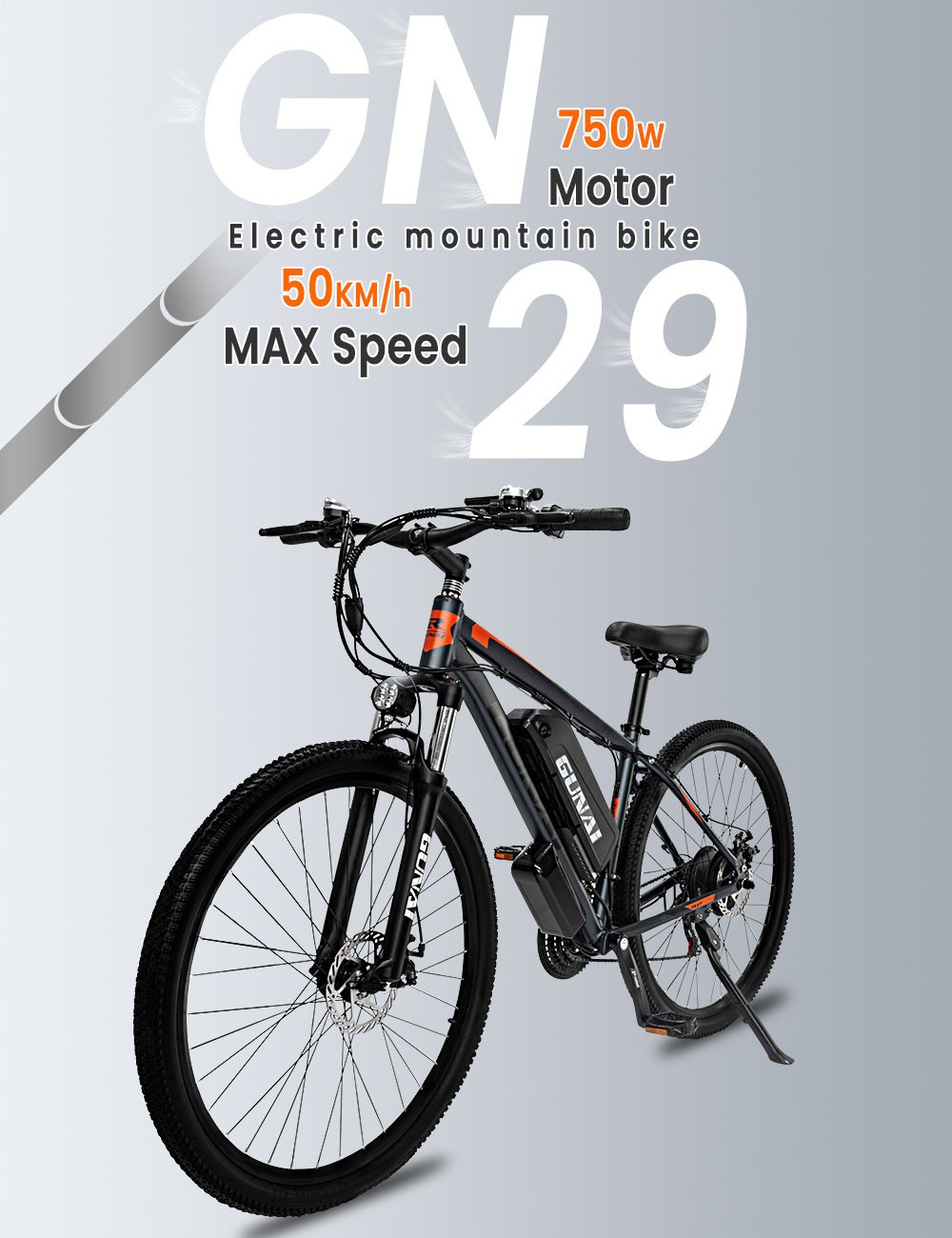 Elektrobicykel GUNAI GN29 29*2.1 palcová pneumatika 48V 750W motor 50km/h maximálna rýchlosť 15Ah batéria 90km maximálny dojazd duálne kotúčové brzdy