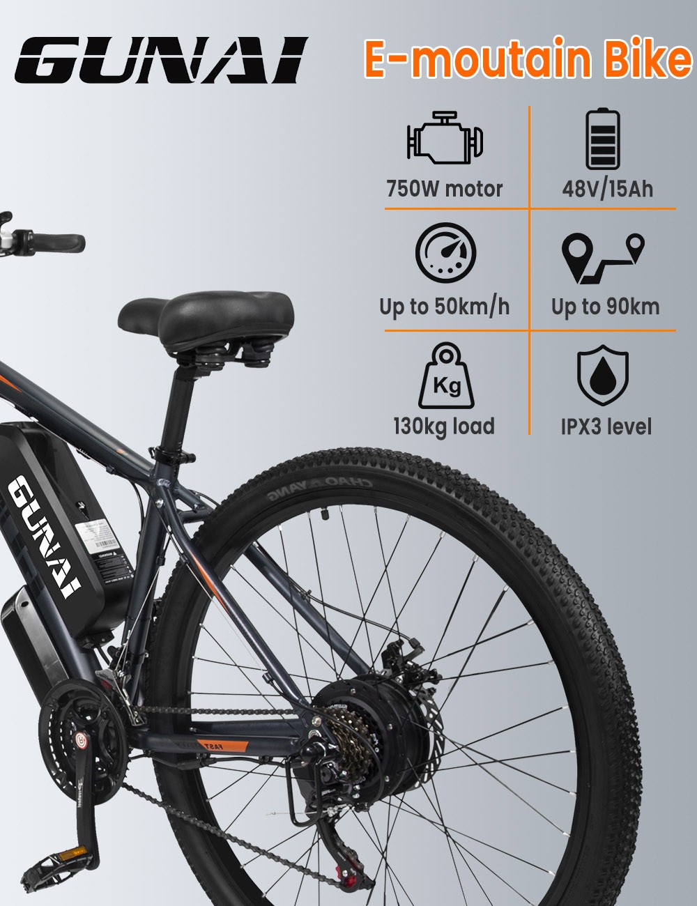 GUNAI GN29 Electric Bike 29*2.1in Tire 48V 750W Motor 50km/h Max. rýchlosť 15Ah Batéria 90km Max. dojazd Dvojité kotúčové brzdy