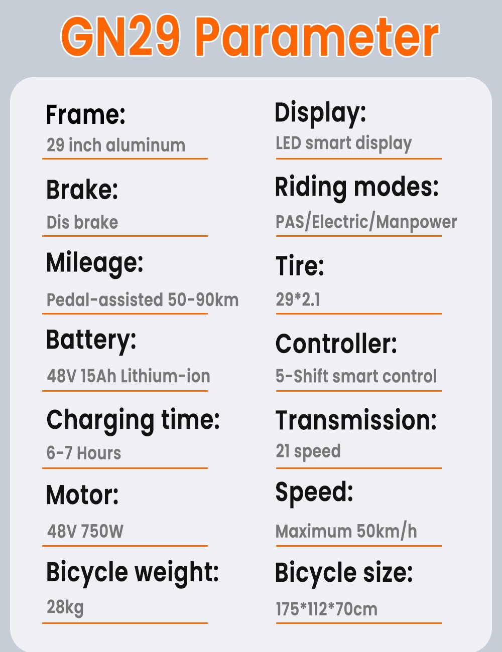 GUNAI GN29 Electric Bike 29*2.1in Tire 48V 750W Motor 50km/h Max Speed 15Ah Battery 90km Max Range Dual Disc Brakes