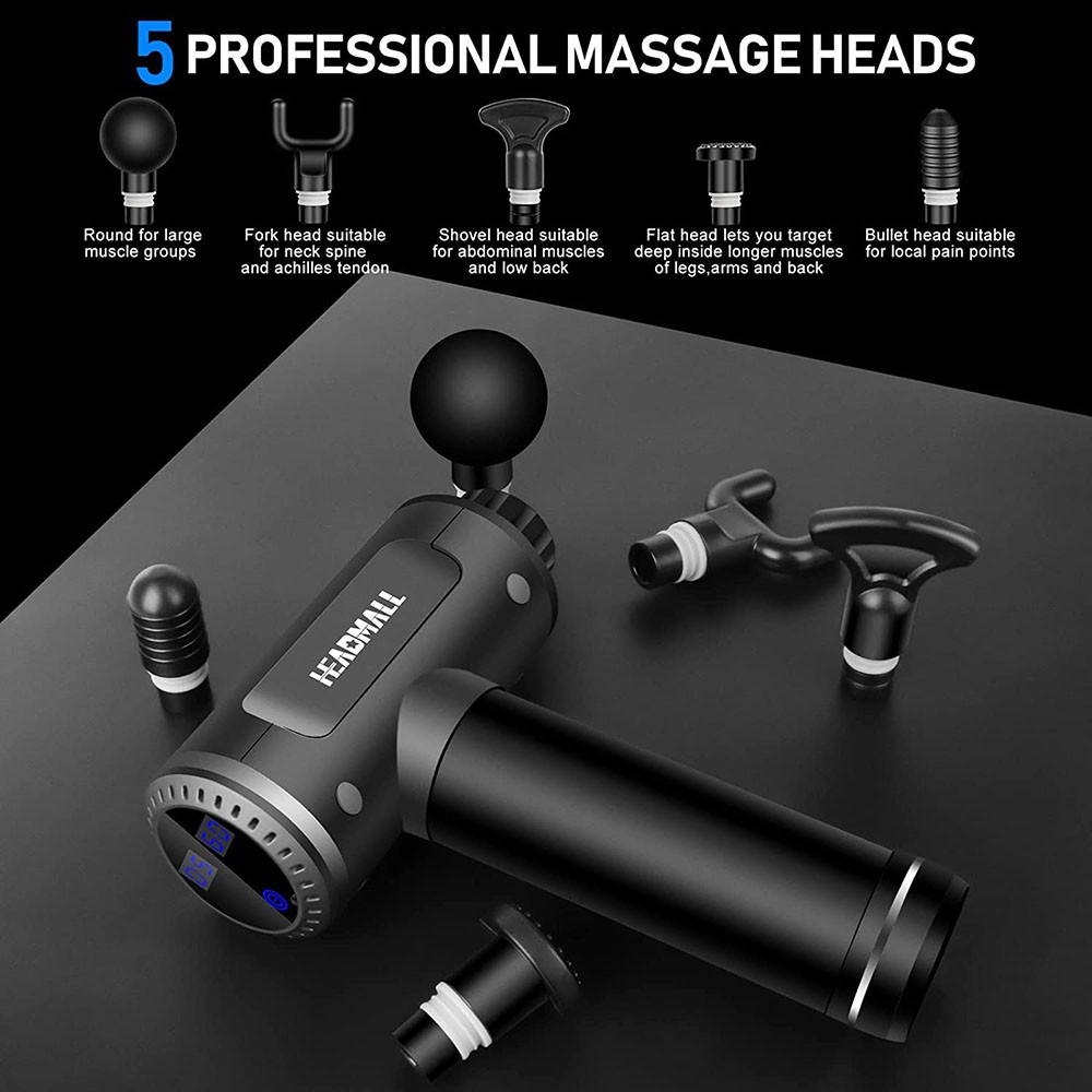 HEADMALL 001 Professional Massage Gun, 66lbs Massaging Strength, 5 Speed Levels, Low Noise, 8 Hours Working Time, LCD Touch Screen, 5 Massage Heads