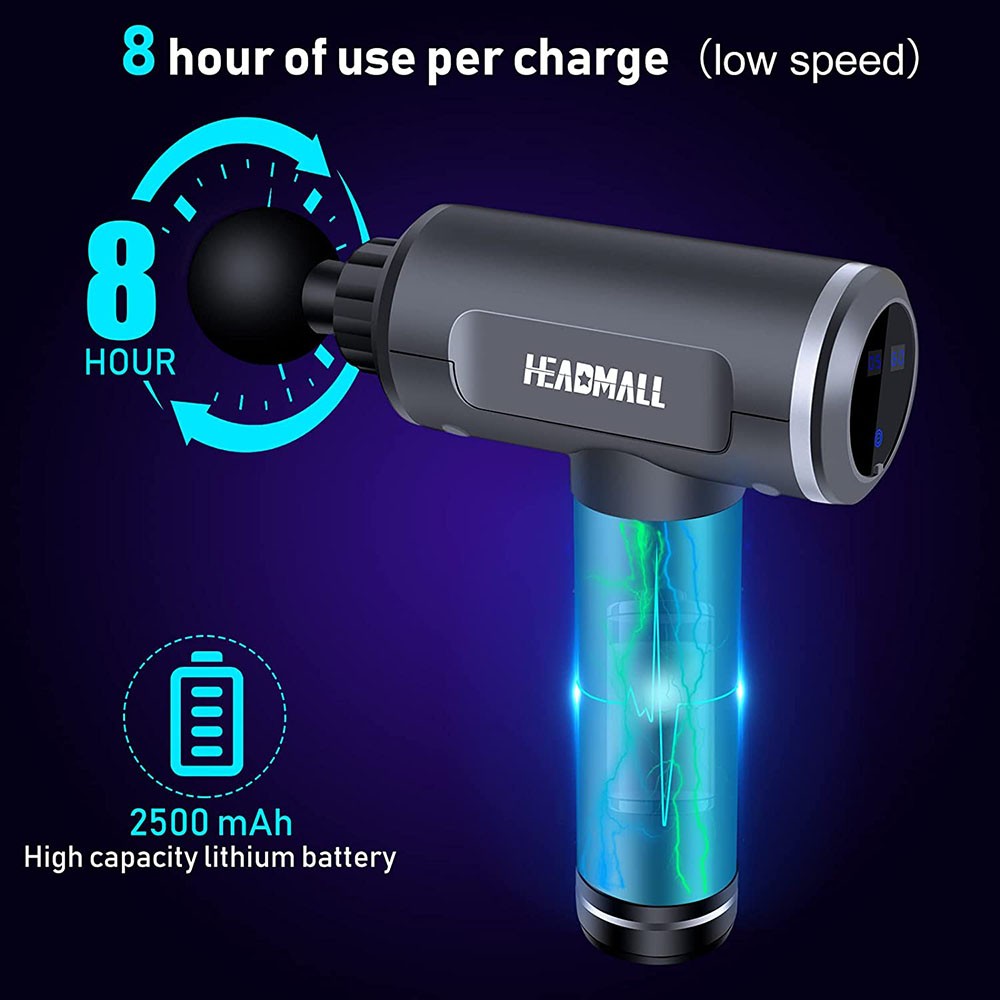 HEADMALL 001 Professional Massage Gun, 66lbs Massaging Strength, 5 Speed Levels, Low Noise, 8 Hours Working Time, LCD Touch Screen, 5 Massage Heads
