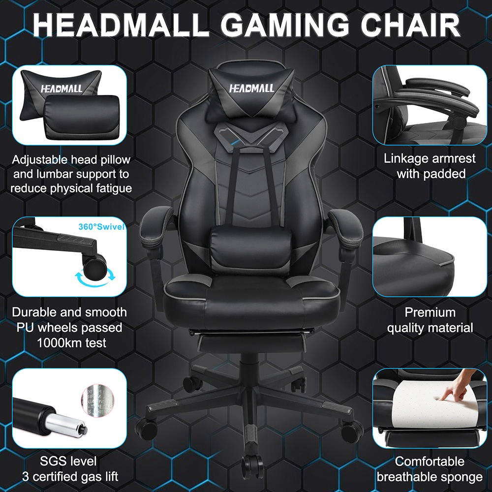HEADMALL Gaming Chair with Footrest Black