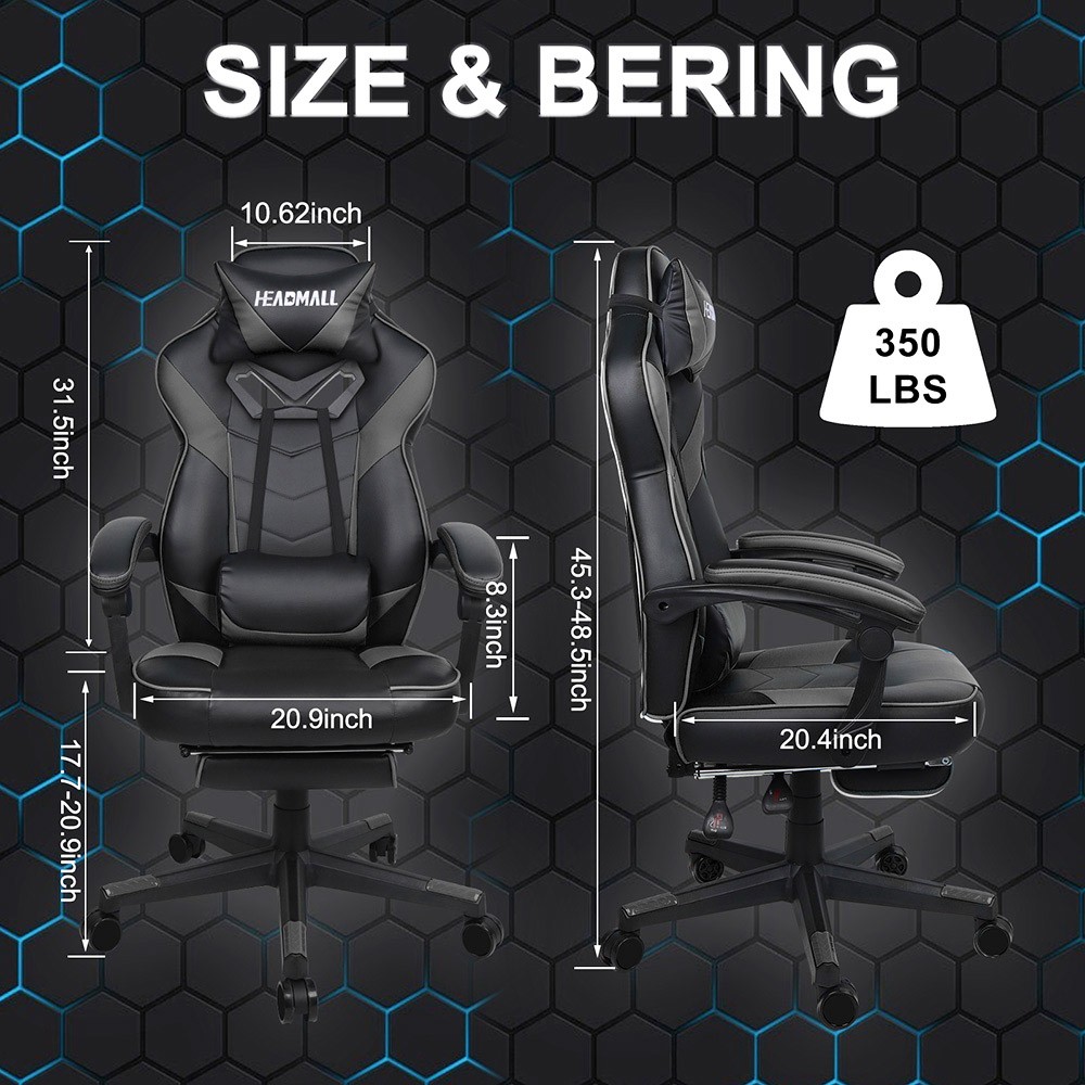 HEADMALL Gaming Chair with Footrest, Lumbar Support, Headrest, Height Adjustable, 350lbs Weight Capacity, 360 Degree Swivel, 90 -135 Degrees Reclining - Black