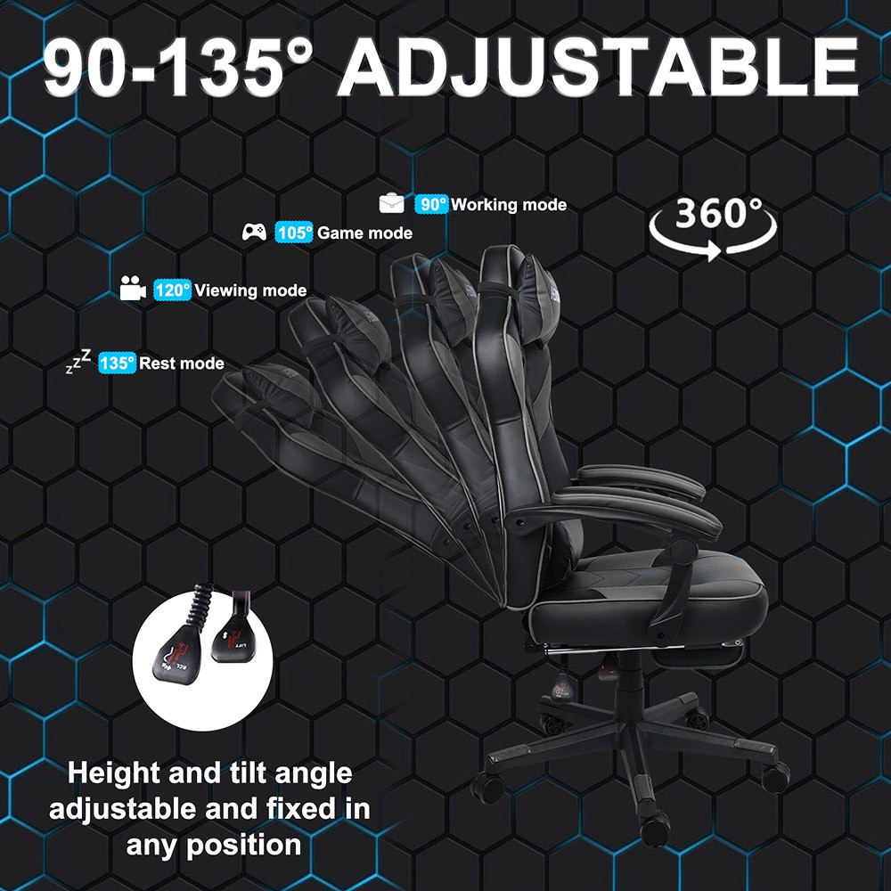 HEADMALL Gaming Chair with Footrest, Lumbar Support, Headrest, Height Adjustable, 350lbs Weight Capacity, 360 Degree Swivel, 90 -135 Degrees Reclining - Black