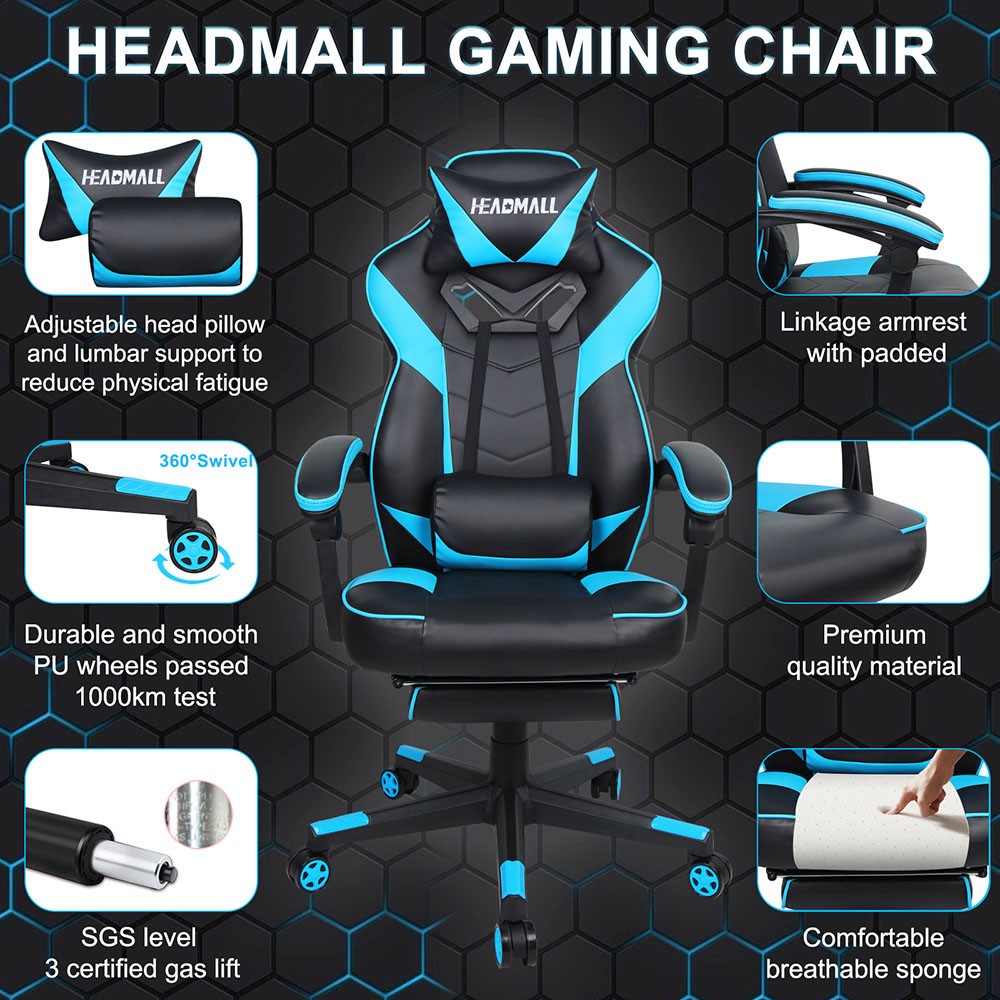 HEADMALL Gaming Chair with Footrest, Lumbar Support, Headrest, Height Adjustable, 350lbs Weight Capacity, 360 Degree Swivel, 90 -135 Degrees Reclining - Blue