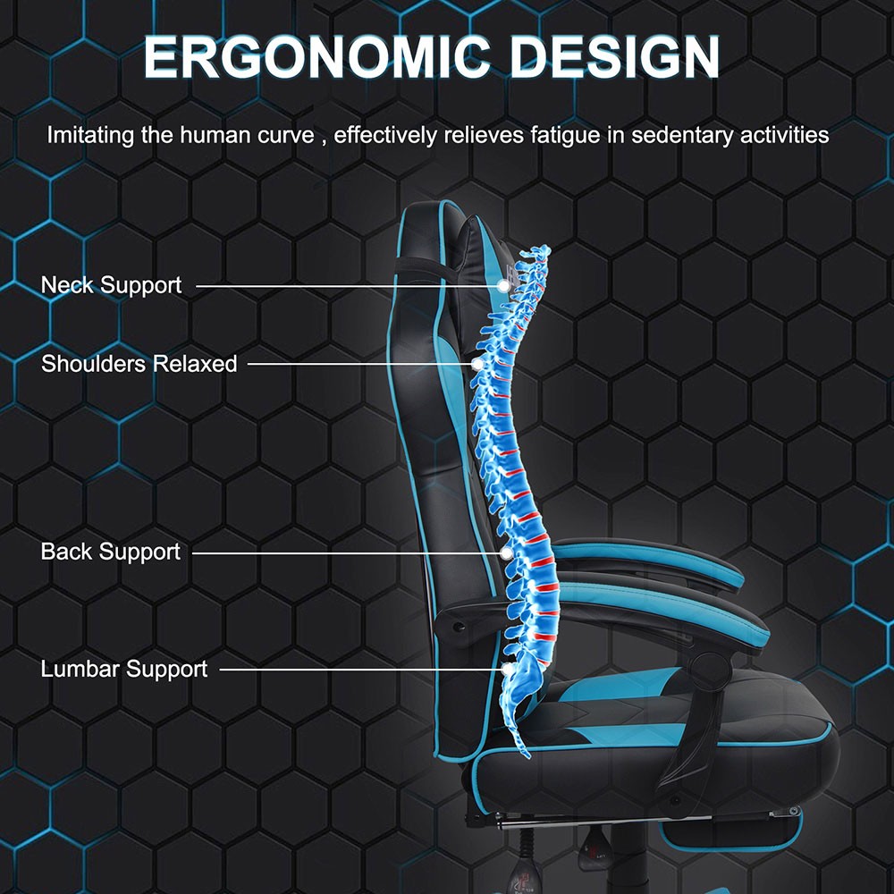 HEADMALL Gaming Chair with Footrest, Lumbar Support, Headrest, Height Adjustable, 350lbs Weight Capacity, 360 Degree Swivel, 90 -135 Degrees Reclining - Blue