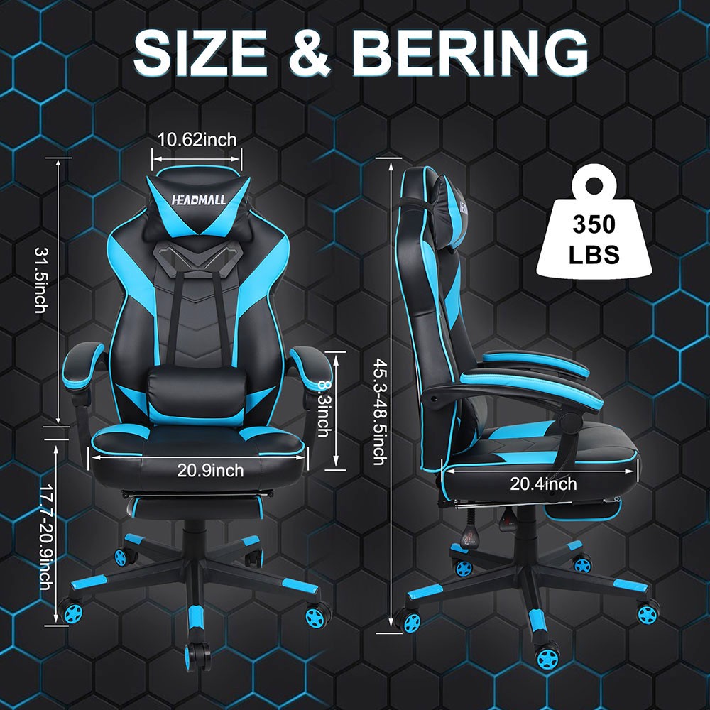 HEADMALL Gaming Chair with Footrest, Lumbar Support, Headrest, Height Adjustable, 350lbs Weight Capacity, 360 Degree Swivel, 90 -135 Degrees Reclining - Blue