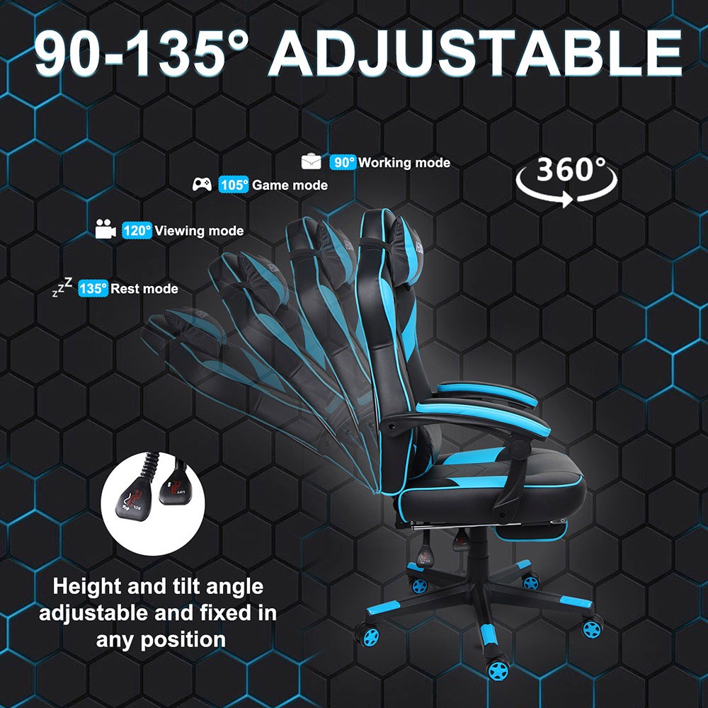 HEADMALL Gaming Chair with Footrest, Lumbar Support, Headrest, Height Adjustable, 350lbs Weight Capacity, 360 Degree Swivel, 90 -135 Degrees Reclining - Blue