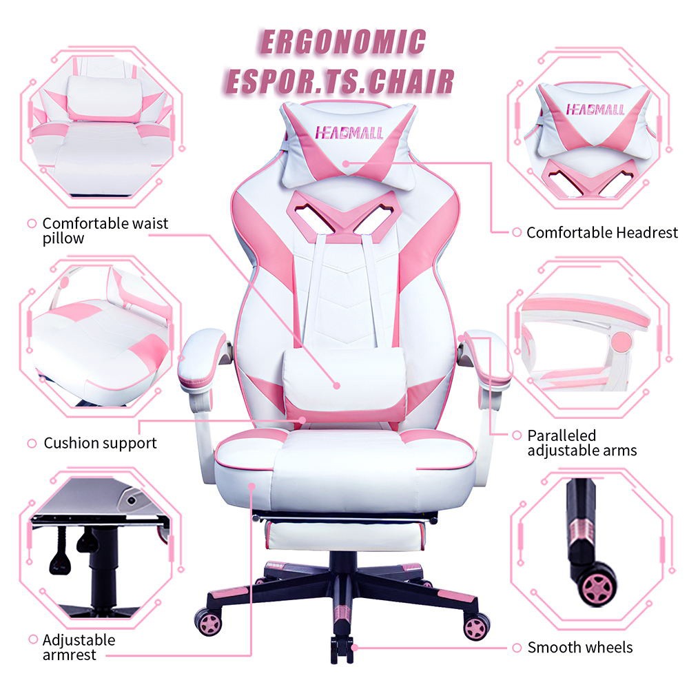 HEADMALL Gaming Chair with Footrest, Lumbar Support, Headrest, Height Adjustable, 350lbs Weight Capacity, 360 Degree Swivel, 90 -135 Degrees Reclining - Pink