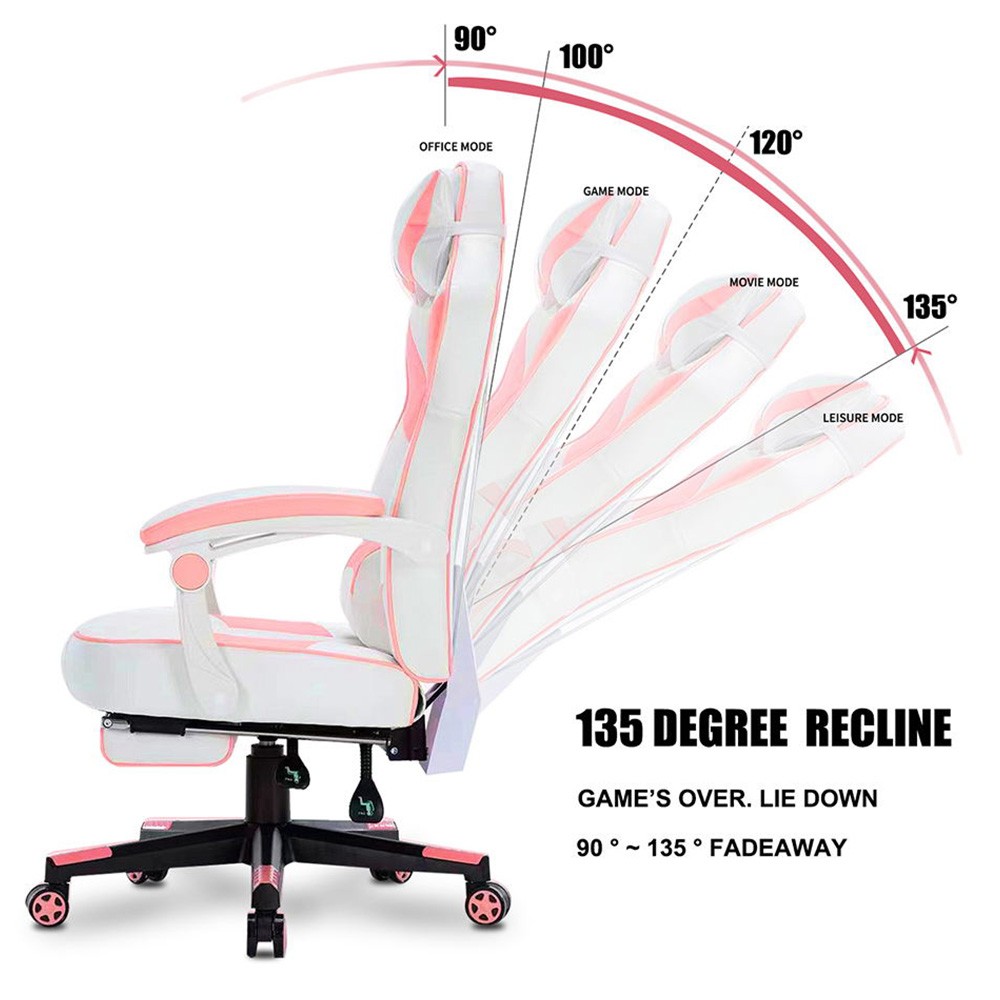 HEADMALL Gaming Chair with Footrest, Lumbar Support, Headrest, Height Adjustable, 350lbs Weight Capacity, 360 Degree Swivel, 90 -135 Degrees Reclining - Pink