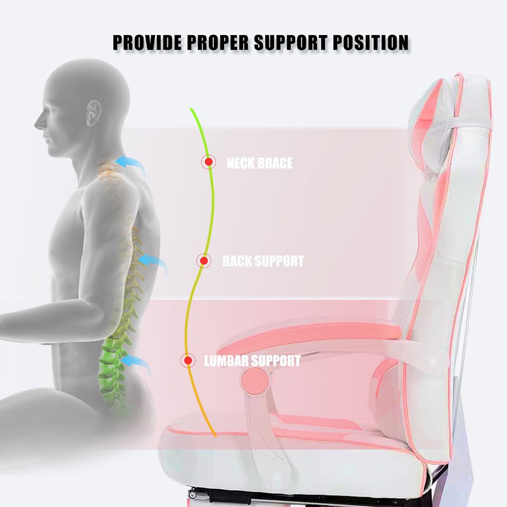HEADMALL Gaming Chair with Footrest, Lumbar Support, Headrest, Height Adjustable, 350lbs Weight Capacity, 360 Degree Swivel, 90 -135 Degrees Reclining - Pink