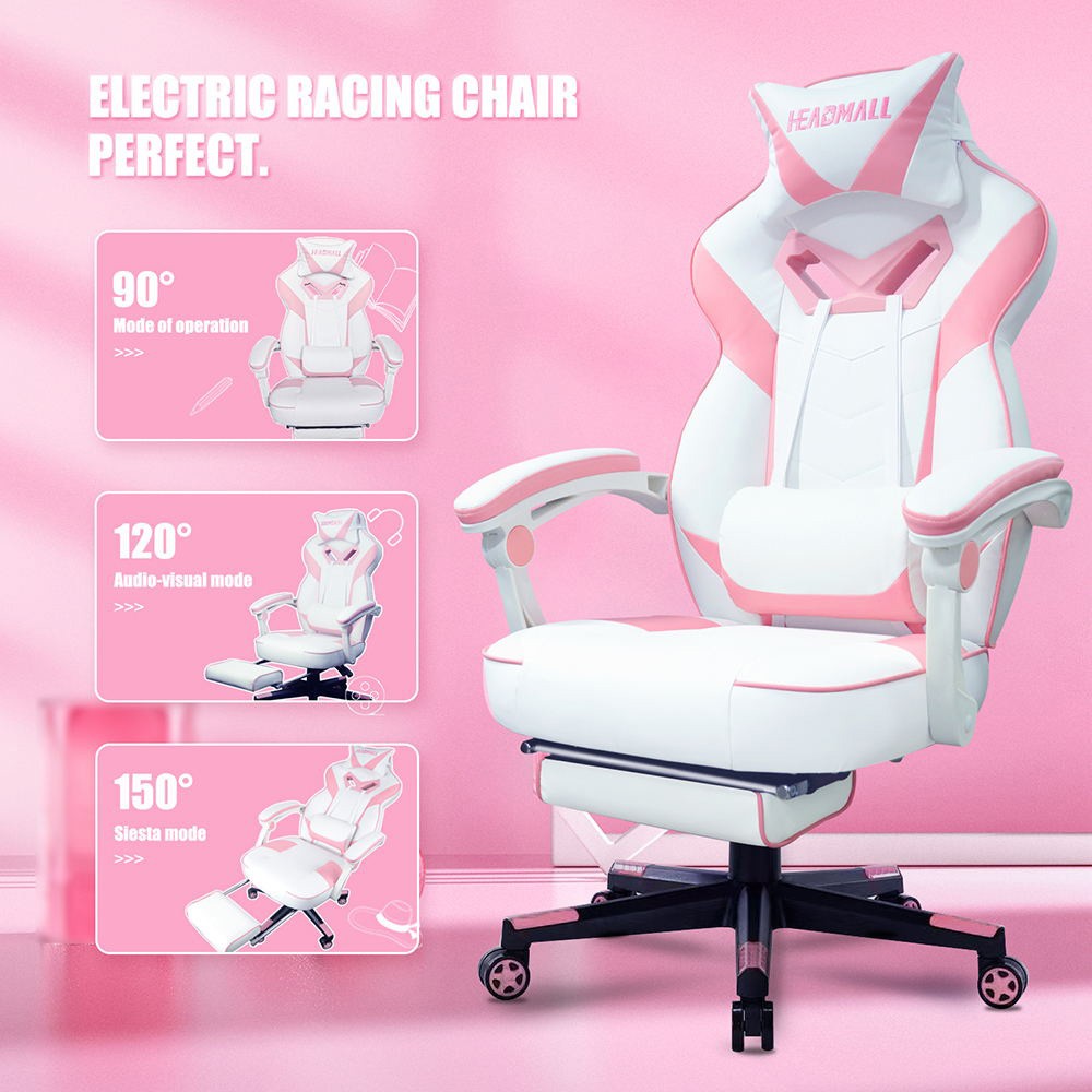 HEADMALL Gaming Chair with Footrest, Lumbar Support, Headrest, Height Adjustable, 350lbs Weight Capacity, 360 Degree Swivel, 90 -135 Degrees Reclining - Pink