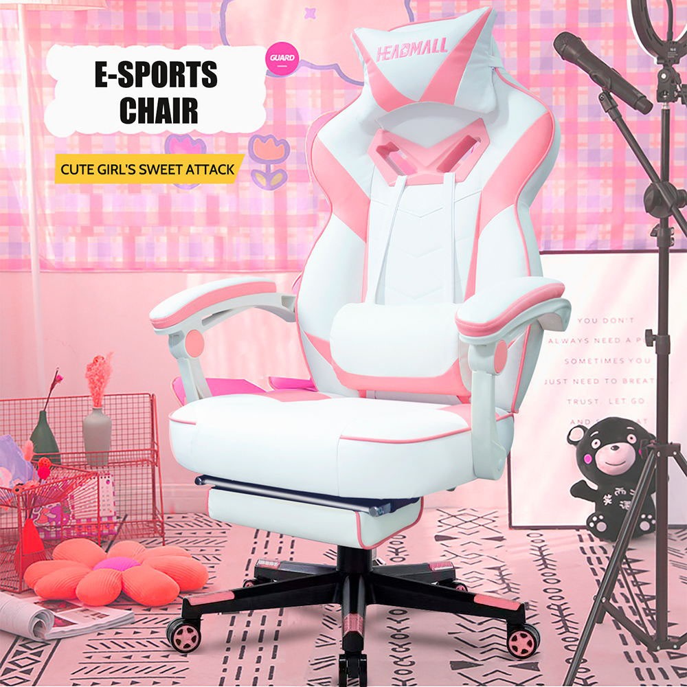 HEADMALL Gaming Chair with Footrest, Lumbar Support, Headrest, Height Adjustable, 350lbs Weight Capacity, 360 Degree Swivel, 90 -135 Degrees Reclining - Pink