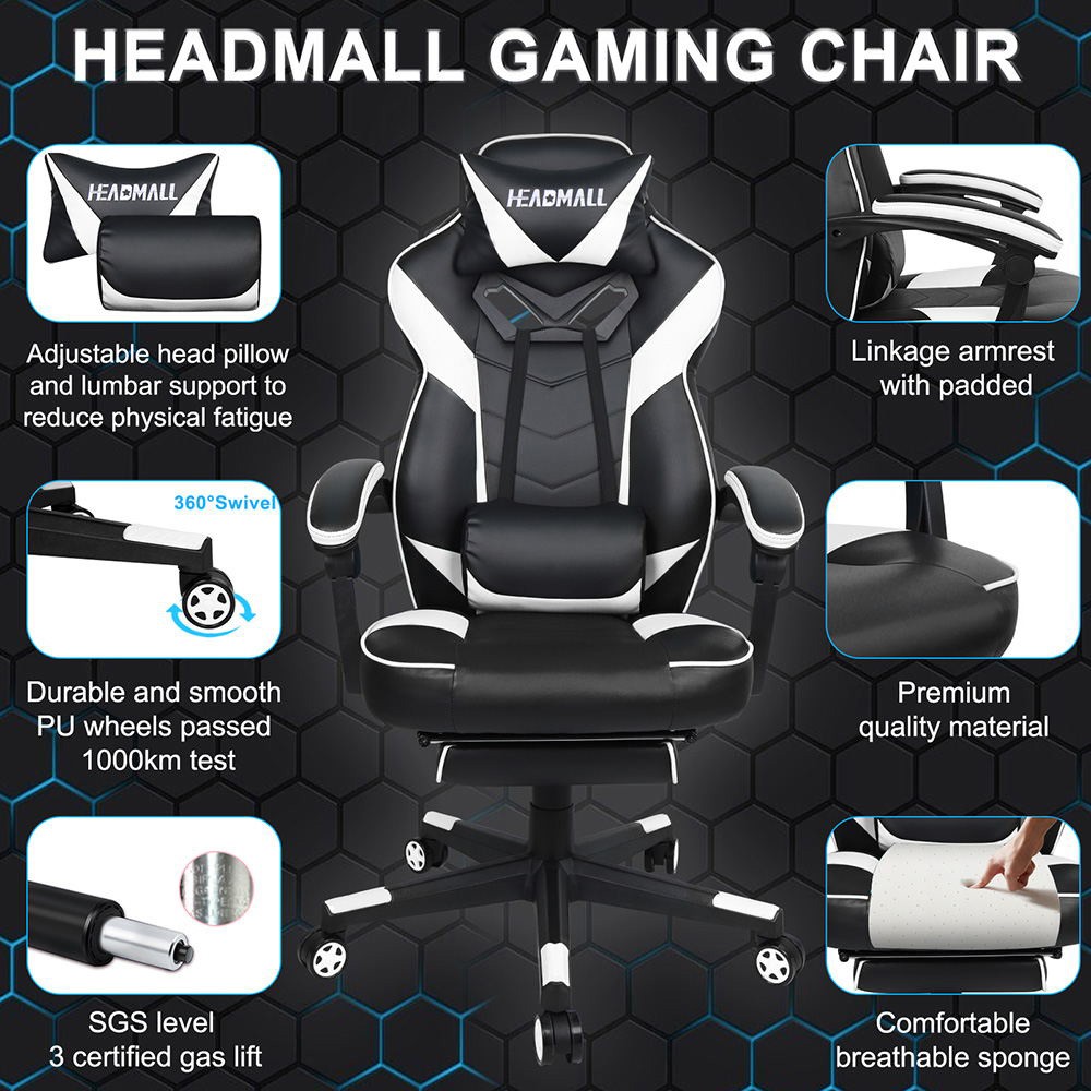 HEADMALL Gaming Chair with Footrest, Lumbar Support, Headrest, Height Adjustable, 350lbs Weight Capacity, 360 Degree Swivel, 90 -135 Degrees Reclining - White