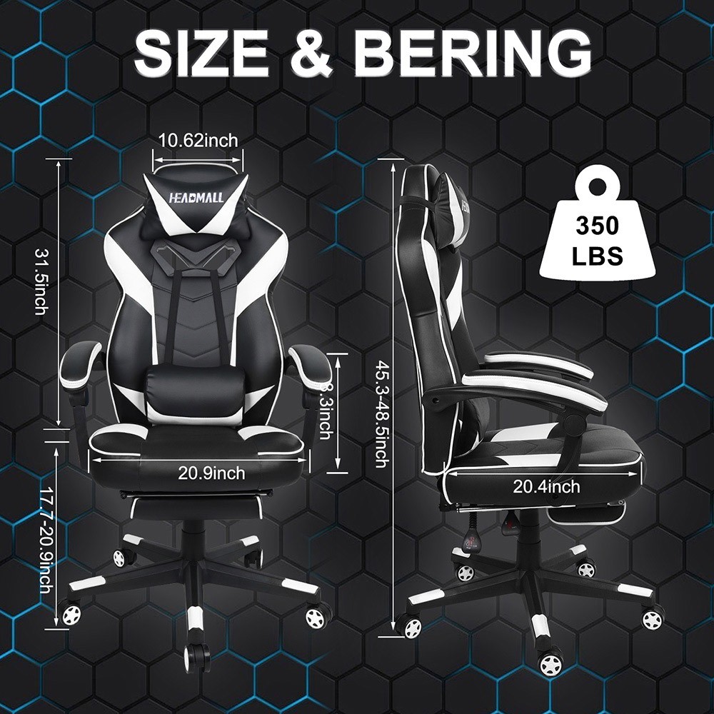 HEADMALL Gaming Chair with Footrest, Lumbar Support, Headrest, Height Adjustable, 350lbs Weight Capacity, 360 Degree Swivel, 90 -135 Degrees Reclining - White