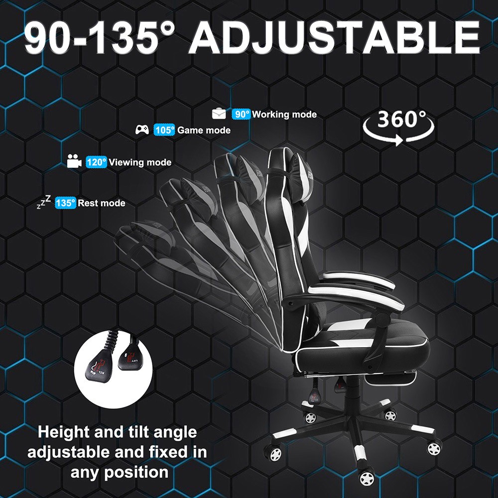 HEADMALL Gaming Chair with Footrest, Lumbar Support, Headrest, Height Adjustable, 350lbs Weight Capacity, 360 Degree Swivel, 90 -135 Degrees Reclining - White